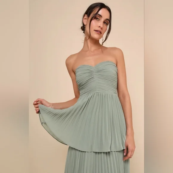 Lulus Seriously Sensational Sage Brush Strapless Tiered Maxi Dress Wedding Prom - Picture 3 of 8